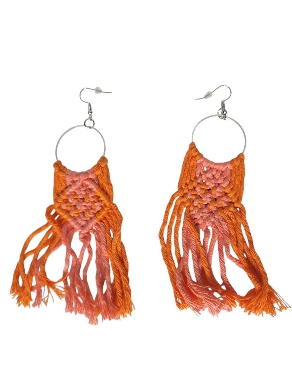 Handmade Macrame Hoop Earrings Orange Pink Fringe